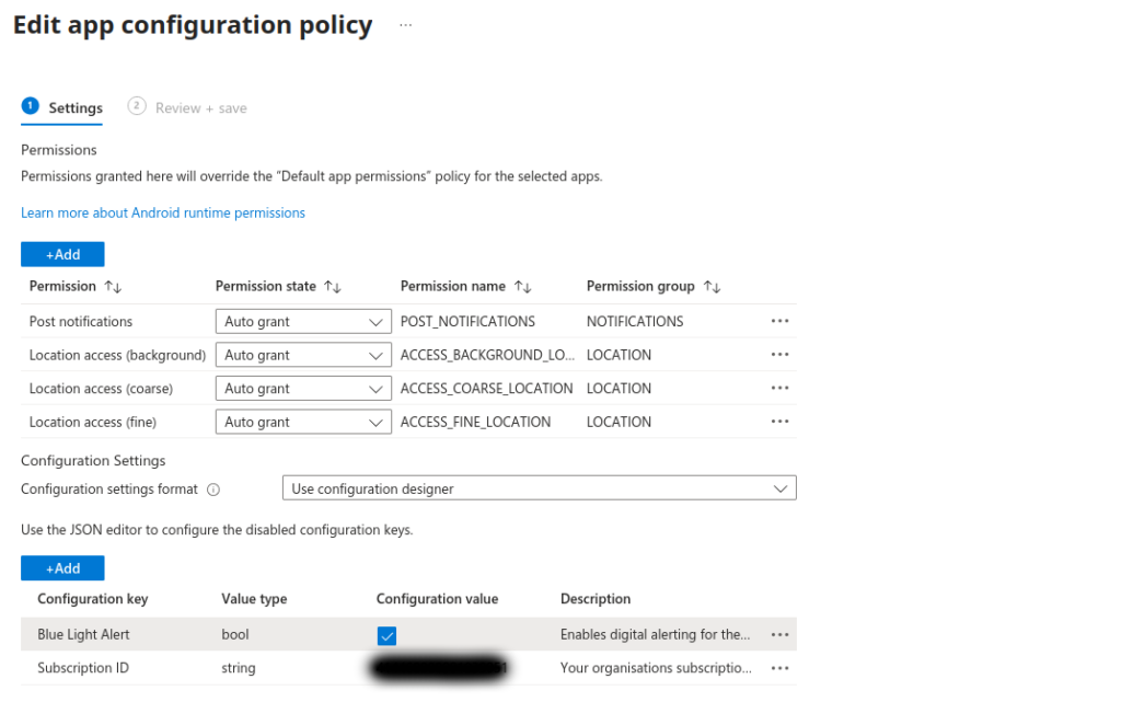 Intune app configuration policy settings
