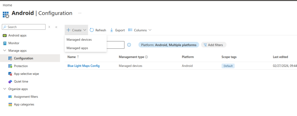 Intune: Apps, Configuration, Create, Managed devices